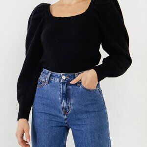 Black Entro Puff Sleeve Square Neck Tie back Sweater top T16755